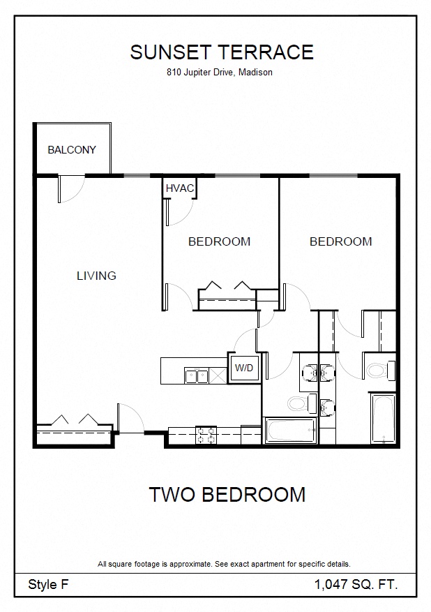 Floor plan for 2 beds, 2 baths, 1047 sqft